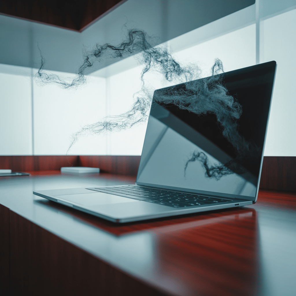 Laptop on executive desk with dark shadow emerging from screen representing AI agent security risk